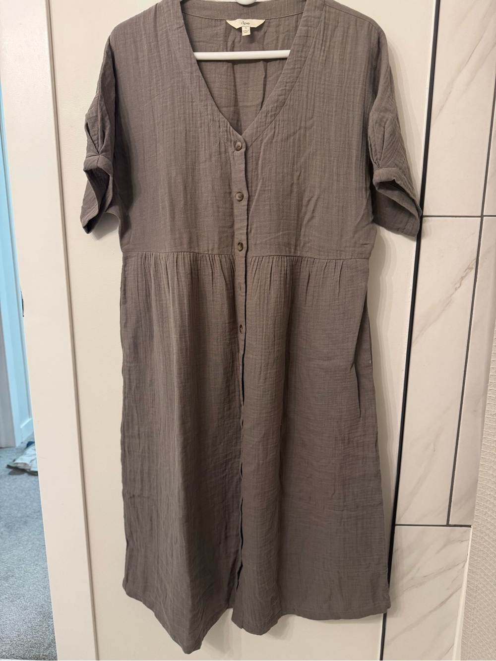 Ripe V-Neck Button-Front Dress in Taupe 100% cotton